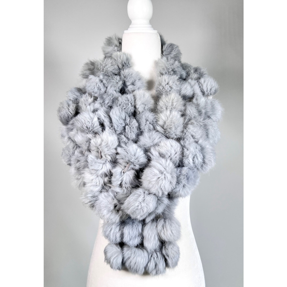 Women's Gray Genuine Fur Pom-Pom Scarf Wrap - Picture 8 of 9